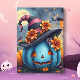 Pretty Blue Halloween Pumpkin Jack-o-lantern Kaart