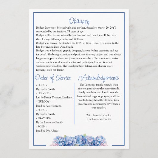 Pretty Blue Hydrangea Celebrating Life - Funeral Programmakaart (Achterkant)