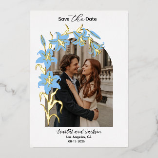 Pretty Blue Lily Floral Gold Foil Save The Date Folie Uitnodiging