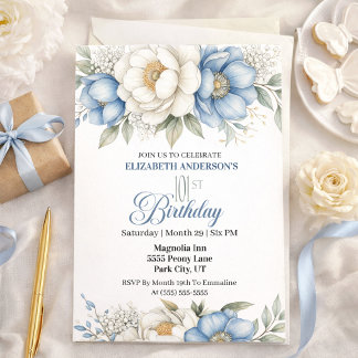 Pretty Blue Magnolia and Peony 101st Birthday Kaart