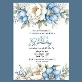 Pretty Blue Magnolia and Peony 18th Birthday Kaart