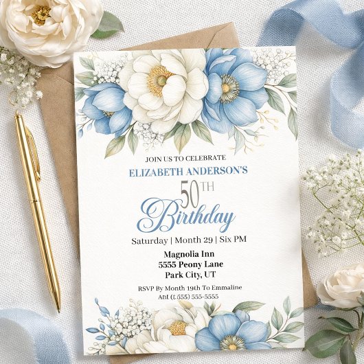 Pretty Blue Magnolia and Peony 50th Birthday Kaart