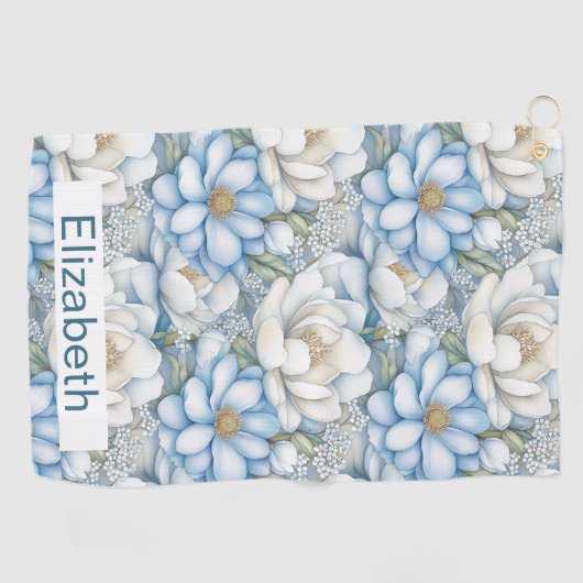 Pretty Blue Magnolia and Peony Personalized Golfhanddoek (Horizontaal)