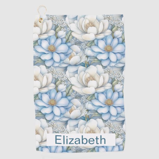 Pretty Blue Magnolia and Peony Personalized Golfhanddoek (Voorkant)