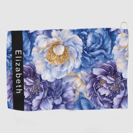 Pretty Blue Peony Personalized Golfhanddoek (Horizontaal)