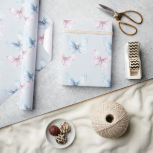 Pretty Blue Pink Butterflies Verjaardag Cadeaupapier