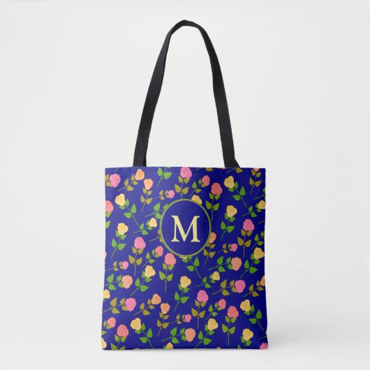 Pretty Blue Rose Pattern Monogram Tote Bag (Voorkant)