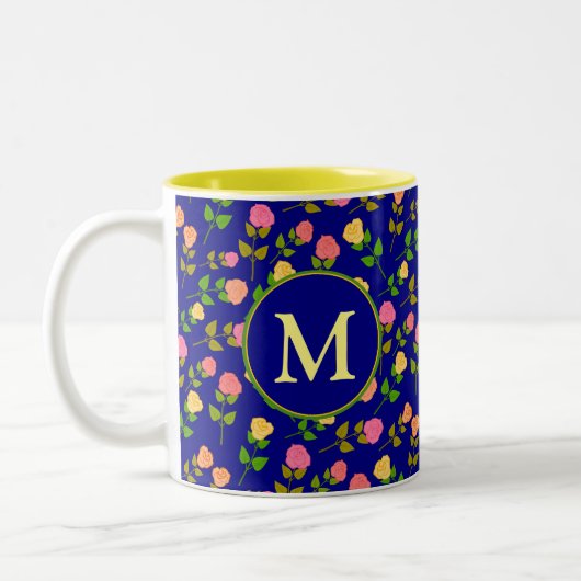 Pretty Blue Rose Pattern Monogram Tweekleurige Koffiemok (Links)