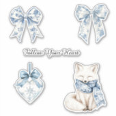 Pretty Blue White Floral Bows Heart Fox Sticker (Voorkant)