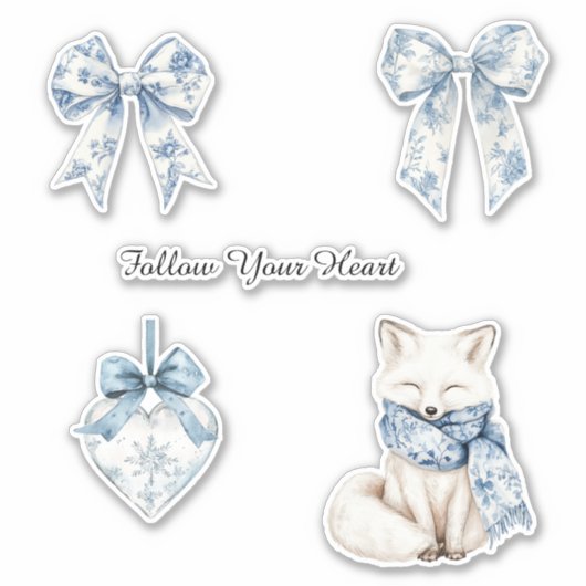 Pretty Blue White Floral Bows Heart Fox Sticker (Voorkant)