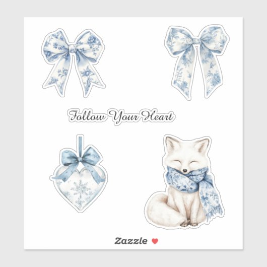 Pretty Blue White Floral Bows Heart Fox Sticker (Vel)