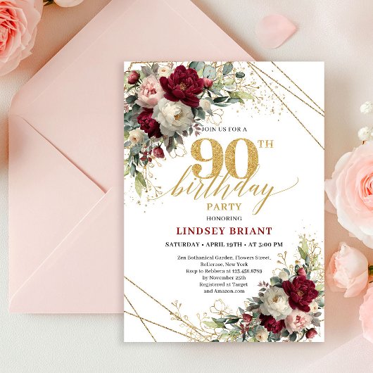 Pretty Blush Gold Floral 90th Birthday Invitation Kaart