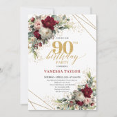 Pretty Blush Gold Floral 90th Birthday Invitation Kaart (Voorkant)