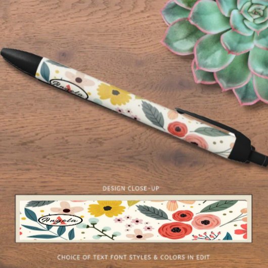 Pretty Blush Pink Floral Botanical Monogram Zwarte Inkt Pen