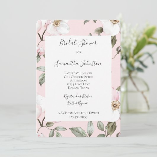 Pretty Blush Pink White Flowers Bridal Shower Kaart (Staand voorkant)