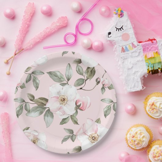 Pretty Blush Pink White Flowers Wedding  Papieren Bordje (Feest)