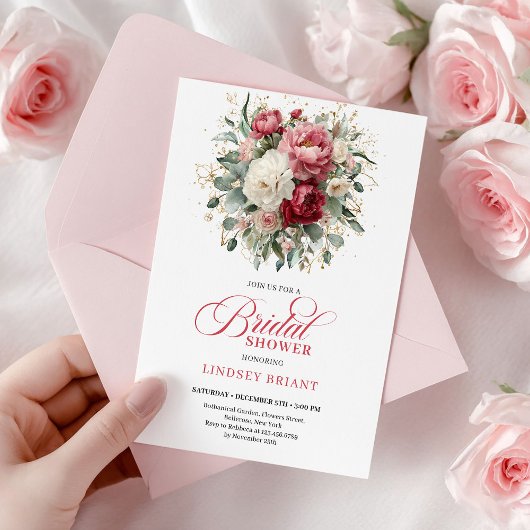 Pretty Bohemian Red Blush Gold Roses Bridal Shower Kaart