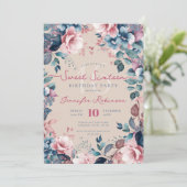 Pretty Boho Blue Garden Floral Sweet 16 Champagne Kaart (Staand voorkant)