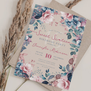 Pretty Boho Blue Garden Floral Sweet 16 Champagne Kaart