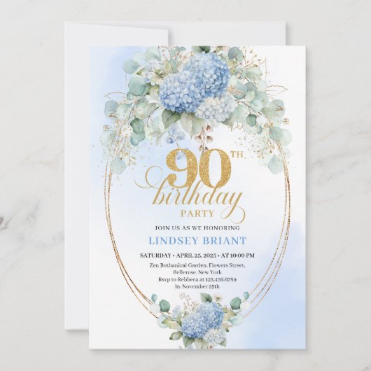 Pretty Boho Blue Hydrangea Greenery 90th Birthday Kaart (Voorkant)