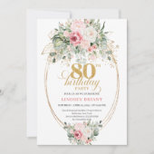 Pretty Boho Blush Roses 80th Birthday Invitation  Kaart (Voorkant)