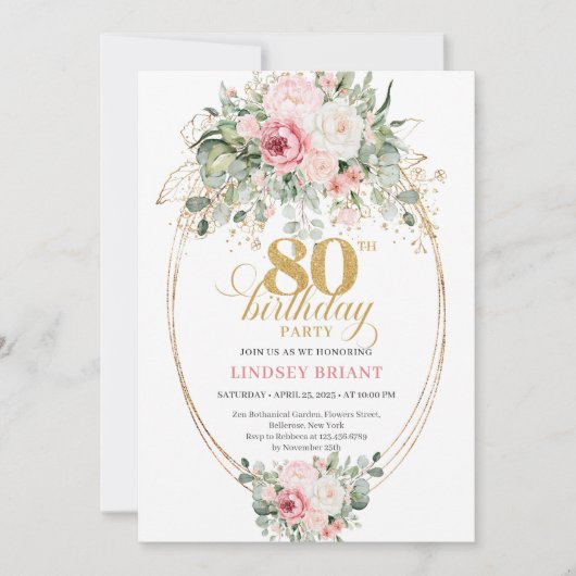 Pretty Boho Blush Roses 80th Birthday Invitation Kaart (Voorkant)