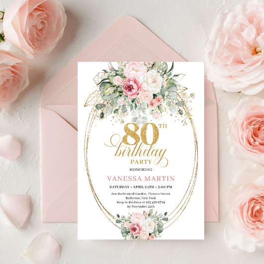 Pretty Boho Blush Roses 80th Birthday Invitation  Kaart