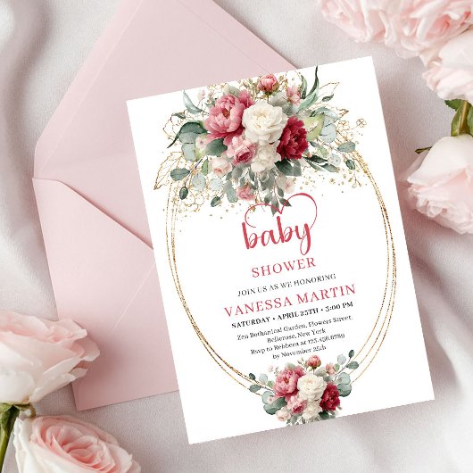 Pretty Boho Burgundy Pink Gold Floral Baby Invites Kaart