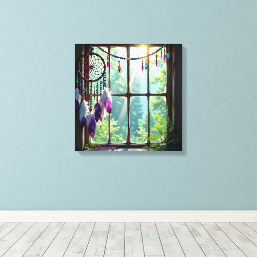 Pretty Boho Purple Dreamcatcher in Window   Canvas Afdruk (Insitu (Houten vloer))
