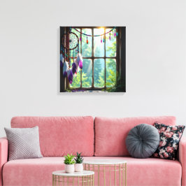 Pretty Boho Purple Dreamcatcher in Window   Canvas Afdruk