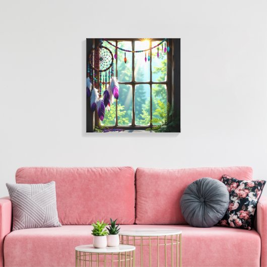 Pretty Boho Purple Dreamcatcher in Window Canvas Afdruk (Insitu (Woonkamer))