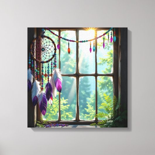 Pretty Boho Purple Dreamcatcher in Window Canvas Afdruk (Voorkant)