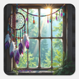 Pretty Boho Purple Dreamcatcher in Window   Vierkante Sticker