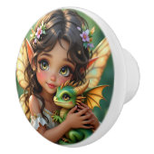 Pretty Brown Eyed Fairy and Dragon  Keramische Knop (Rechts)