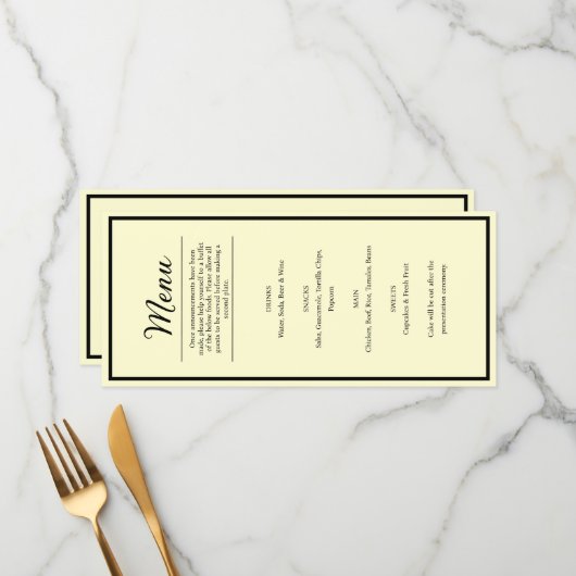 Pretty Butter Yellow Wedding Reception Dinner Menu (Voorkant / Achterkant in situ)