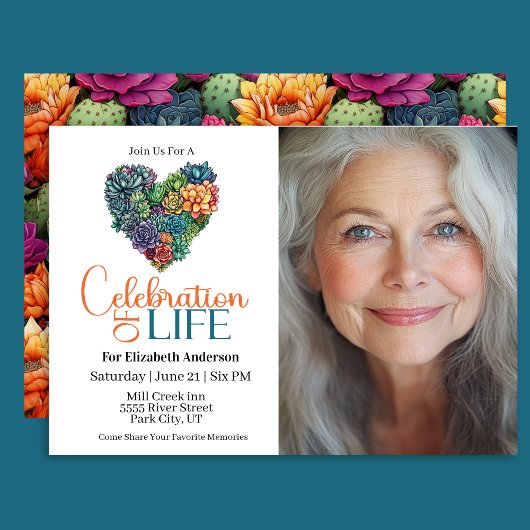 Pretty Cactus Heart Celebration Of Life Invitation Kaart