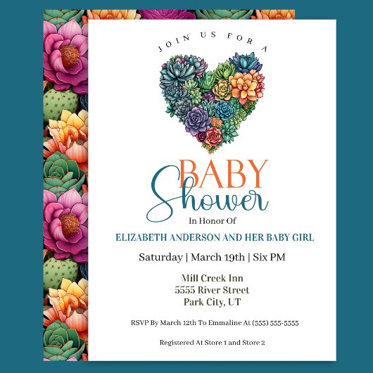 Pretty Cactus Heart Girl Baby Shower Kaart