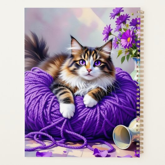 Pretty Cat with Purple Flowers and Yarn   Planner (Achterkant)