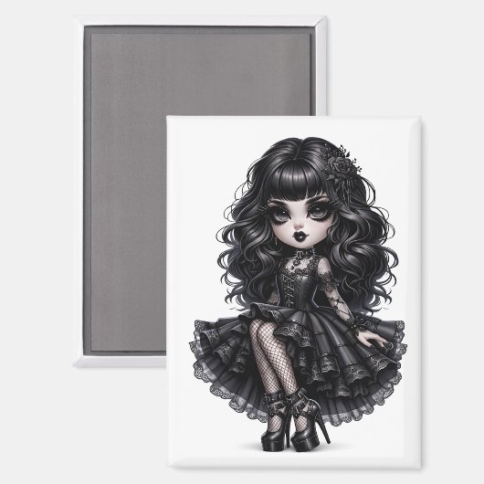 Pretty Chibi Gothic Girl Magnet Dark Aesthetic  (Voorkant / Achterkant)