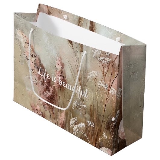 Pretty Chic Beige Blush Boho Bloemrijke Bruidsdouc Groot Cadeauzakje (Voorkant Gekanteld)