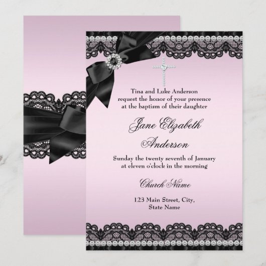 Pretty Chic Diamond Lace Roze Doop Uitnodiging (Voorkant / Achterkant)