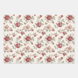 Pretty Chic Red Cream Floral Birthday Inpakpapier Vel