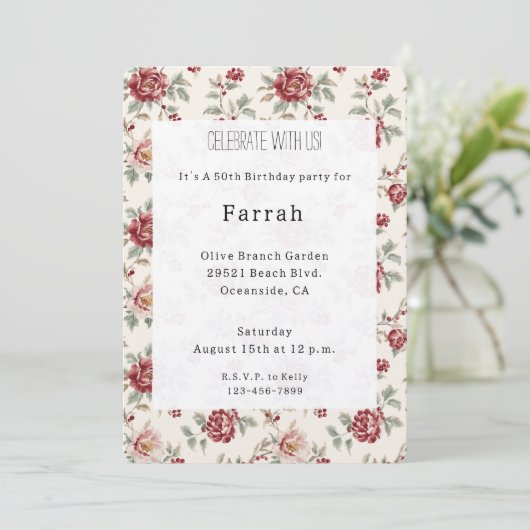 Pretty Chic Red Cream Floral Birthday   Kaart (Staand voorkant)