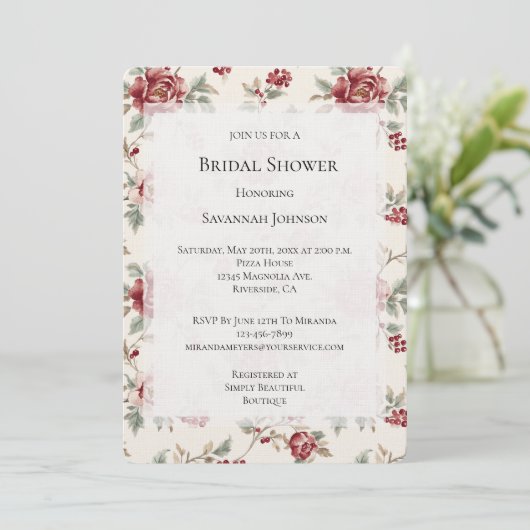 Pretty Chic Red Cream Floral Bridal Shower Kaart (Staand voorkant)