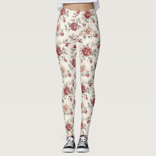 Pretty Chic Red Cream Floral Leggings (Voorkant)