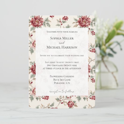 Pretty Chic Red Cream Floral Wedding Kaart (Staand voorkant)