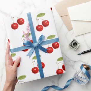 Pretty Chic Retro Rode Kersen Patroon Op Wit  Cadeaupapier