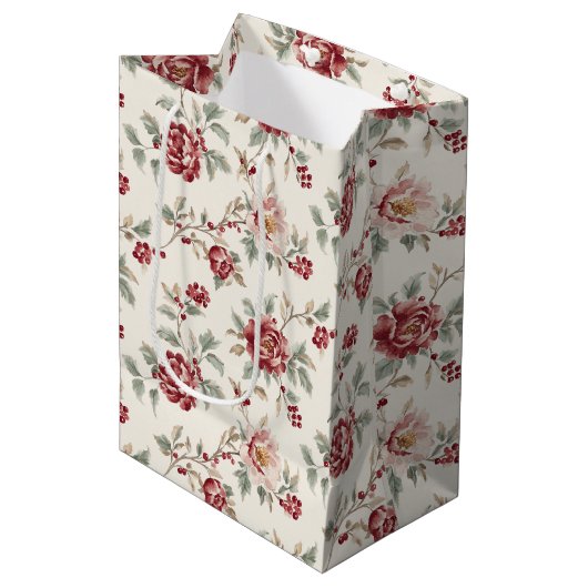 Pretty Chic Rode Crème Bloem Kerst Medium Cadeauzakje (Voorkant Gekanteld)