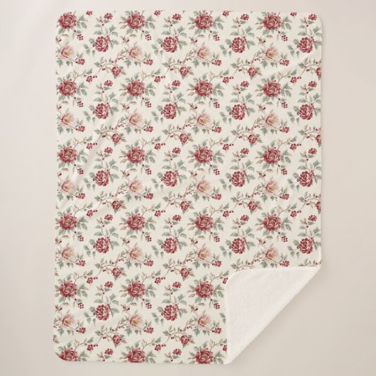 Pretty Chic Rode Crème Bloem Sherpa Deken (Voorkant)