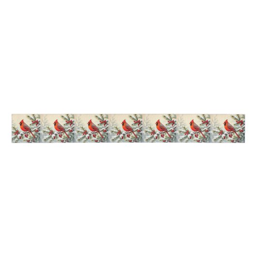 Pretty Christmas Cardinal and Pine Branches Grosgrain Lint (Voorkant)
